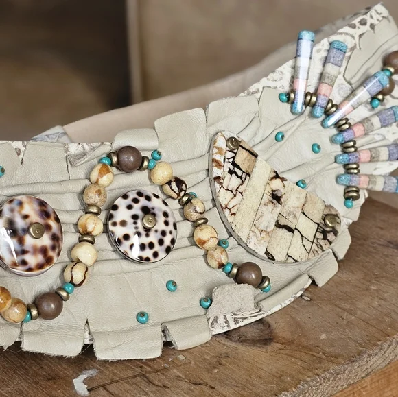 Vtg Navajo Style Beaded Women\'s Belt RARE Vintage Native American Navajo Beaded Leather 34” Belt. Read  main image 2